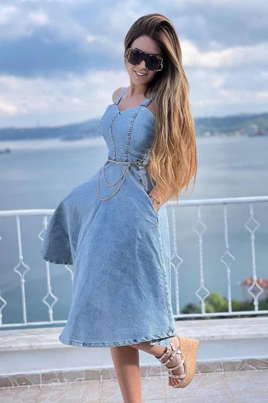 Rochie Sarafan Blugi - Denim - cu Lant in Talie [4]