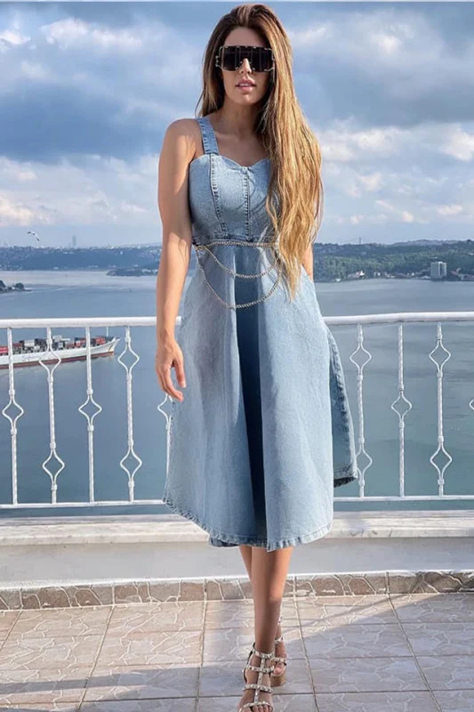 Rochie Sarafan Blugi - Denim - cu Lant in Talie [3]