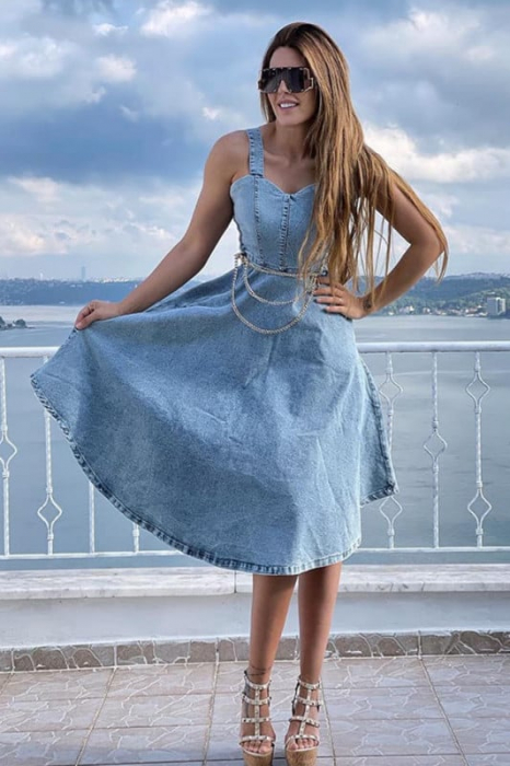 Rochie Sarafan Blugi - Denim - cu Lant in Talie [2]