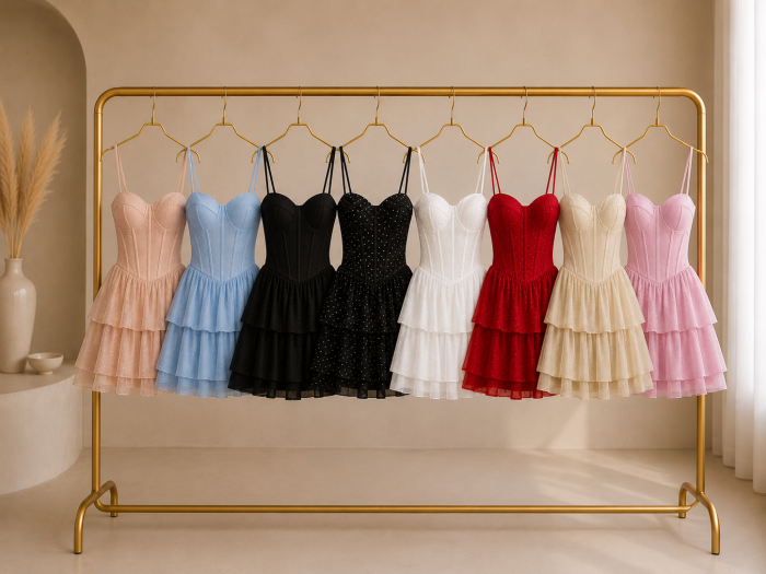 Rochie scurta cu corset si strasuri , bretele subtiri si fusta cu volane [2]
