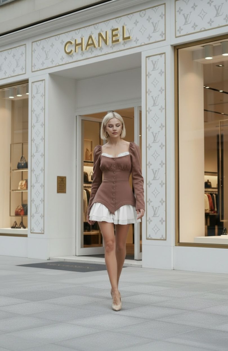Rochie scurta dama eleganta tip corset, cu umeri goi, maneci lungi si fusta scurta cu volane [6]