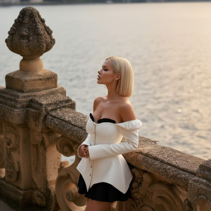 Rochie scurta dama eleganta tip corset, cu umeri goi, maneci lungi si fusta scurta cu volane [13]