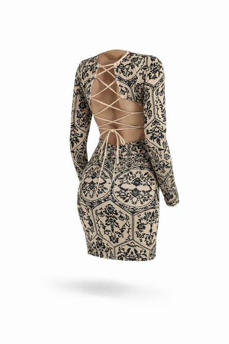 Rochie Scurta Imprimeu Baroc Spate Gol – Albastru Rosu Bej Negru [2]