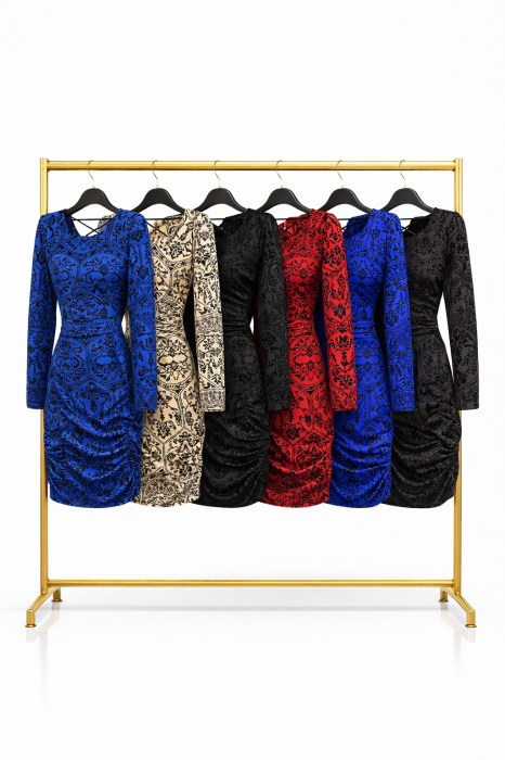 Rochie Scurta Imprimeu Baroc Spate Gol – Albastru Rosu Bej Negru [3]