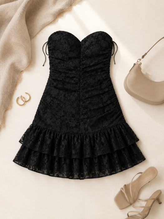 Rochie scurta neagra din dantela cu volane si decolteu tip inima [3]
