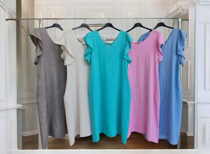 Rochie vaporoasă din in 100% cu mâneci cu volane – Croială lejeră, culori pastelate [2]