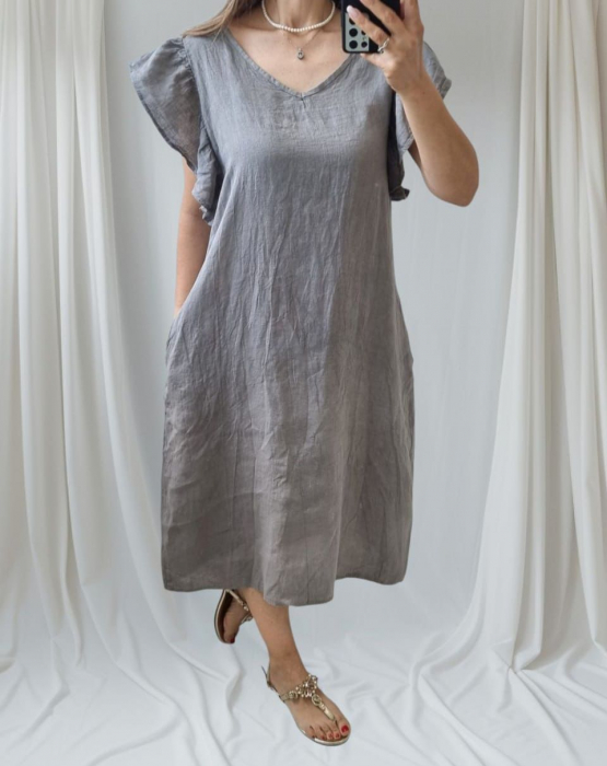 Rochie vaporoasă din in 100% cu mâneci cu volane – Croială lejeră, culori pastelate [1]