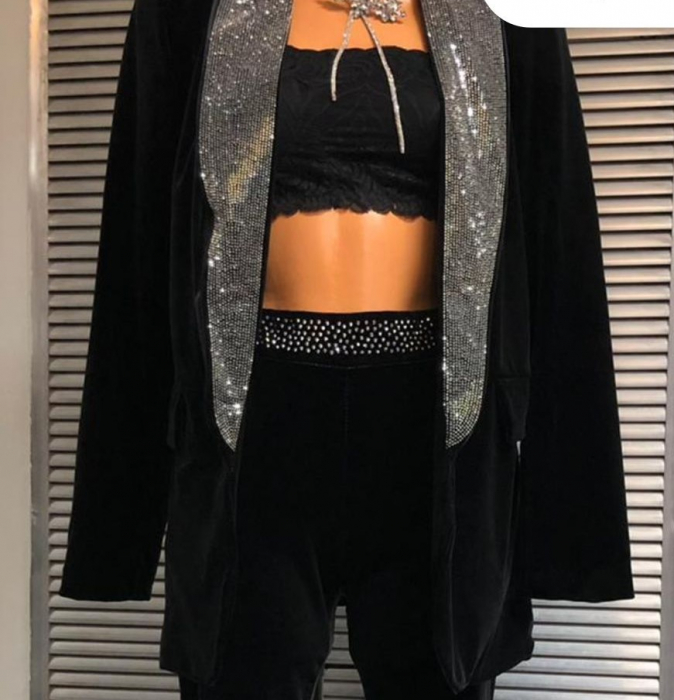 Compleu Dama Catifea 2 Piese Sacou si Pantaloni cu Strasuri [3]