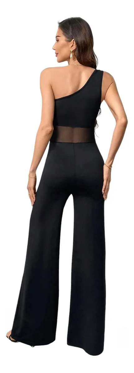 Salopeta neagra eleganta cu un umar gol si insertii de plasa – lycra cu croiala evazata [11]