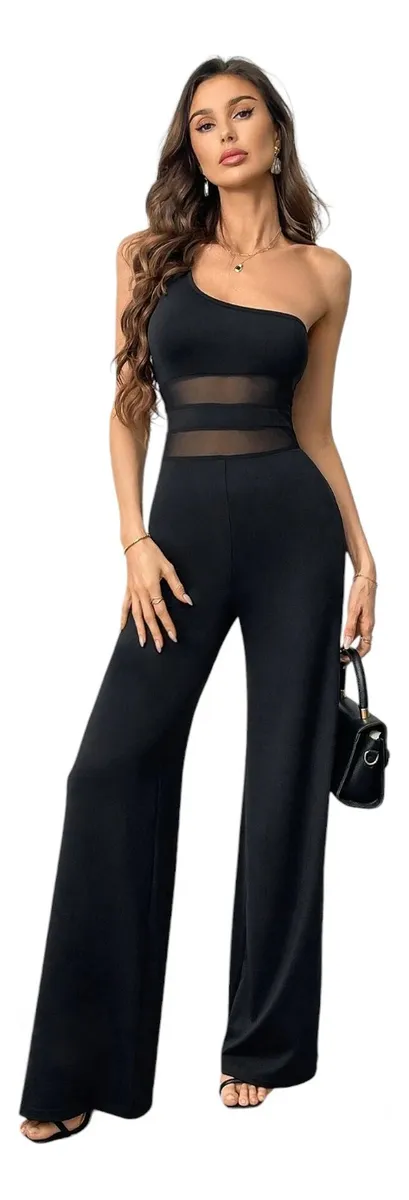 Salopeta neagra eleganta cu un umar gol si insertii de plasa – lycra cu croiala evazata [10]