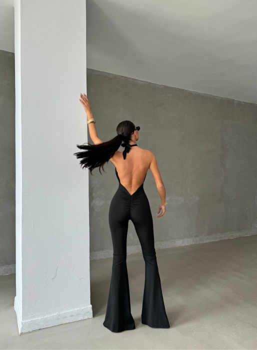 Salopeta neagra lycra cu decupaj frontal si spate gol, croi evazat - marimi S M [3]