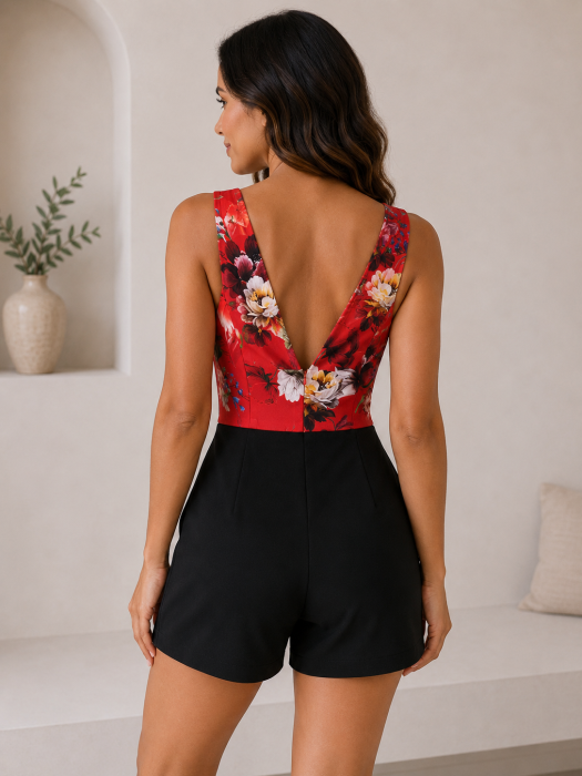 Salopeta scurta cu imprimeu floral, decolteu in V si croi cambrat [2]