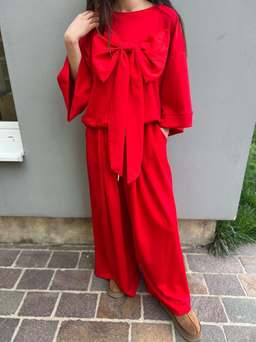 Set Comfy Style 2 piese din vascoza premium cu bluza cu funda si pantaloni cu talie inalta – fabricat in Italia, marime universala [1]