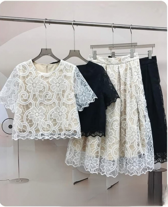 Set Dama Compleu Elegant din Dantela – Bluza cu Maneca Scurta & Fusta Midi, Made in Italy - ALN [2]