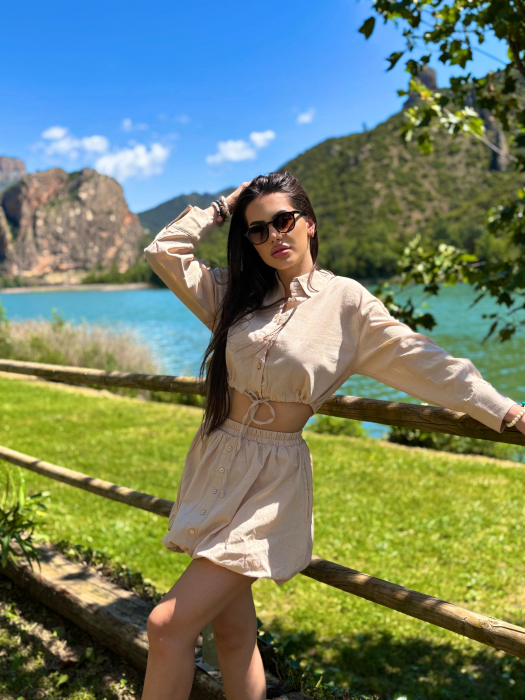 Set dama vara camasa lejera si pantaloni tip fusta gogosar din in – marime universala [3]