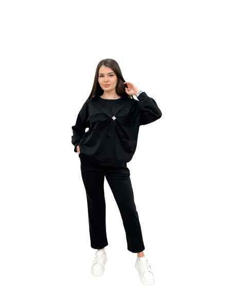 Set Casual Vascoza Cu Elastan, Bluza Cu Floare 3D Si Pantaloni, Talie Unica - CHMS [1]