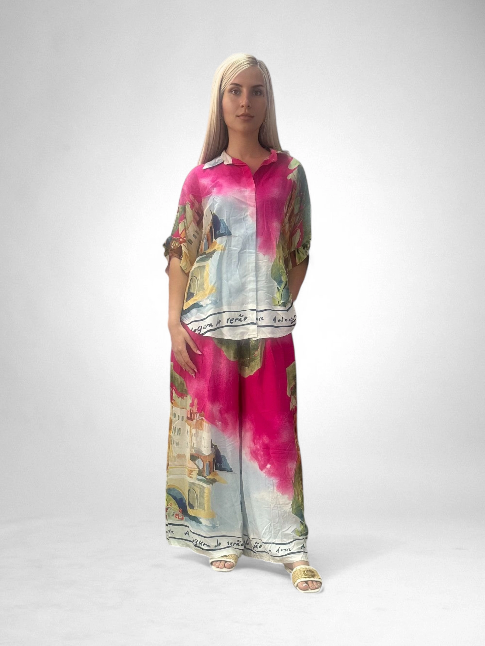 Set Vascosa Racoros Vara, Imprimeu Artistic, Camasa Si Pantaloni Largi, Marime Universala [2]