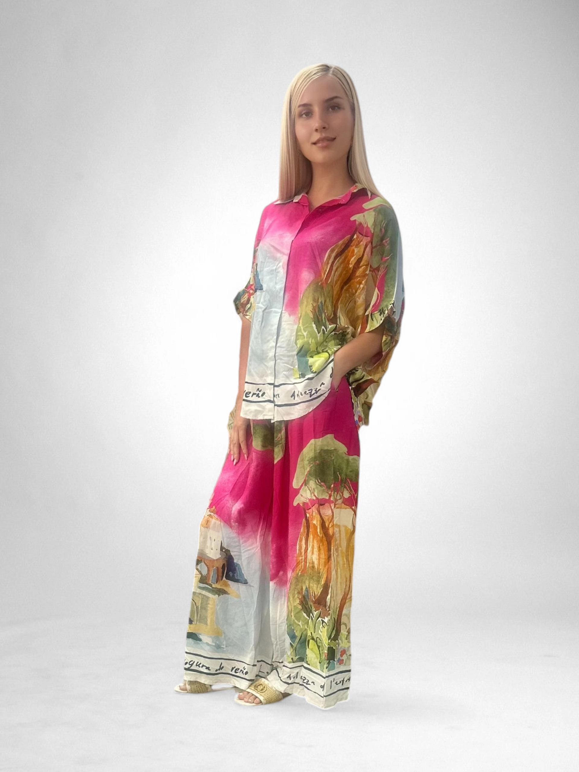 Set Vascosa Racoros Vara, Imprimeu Artistic, Camasa Si Pantaloni Largi, Marime Universala [3]