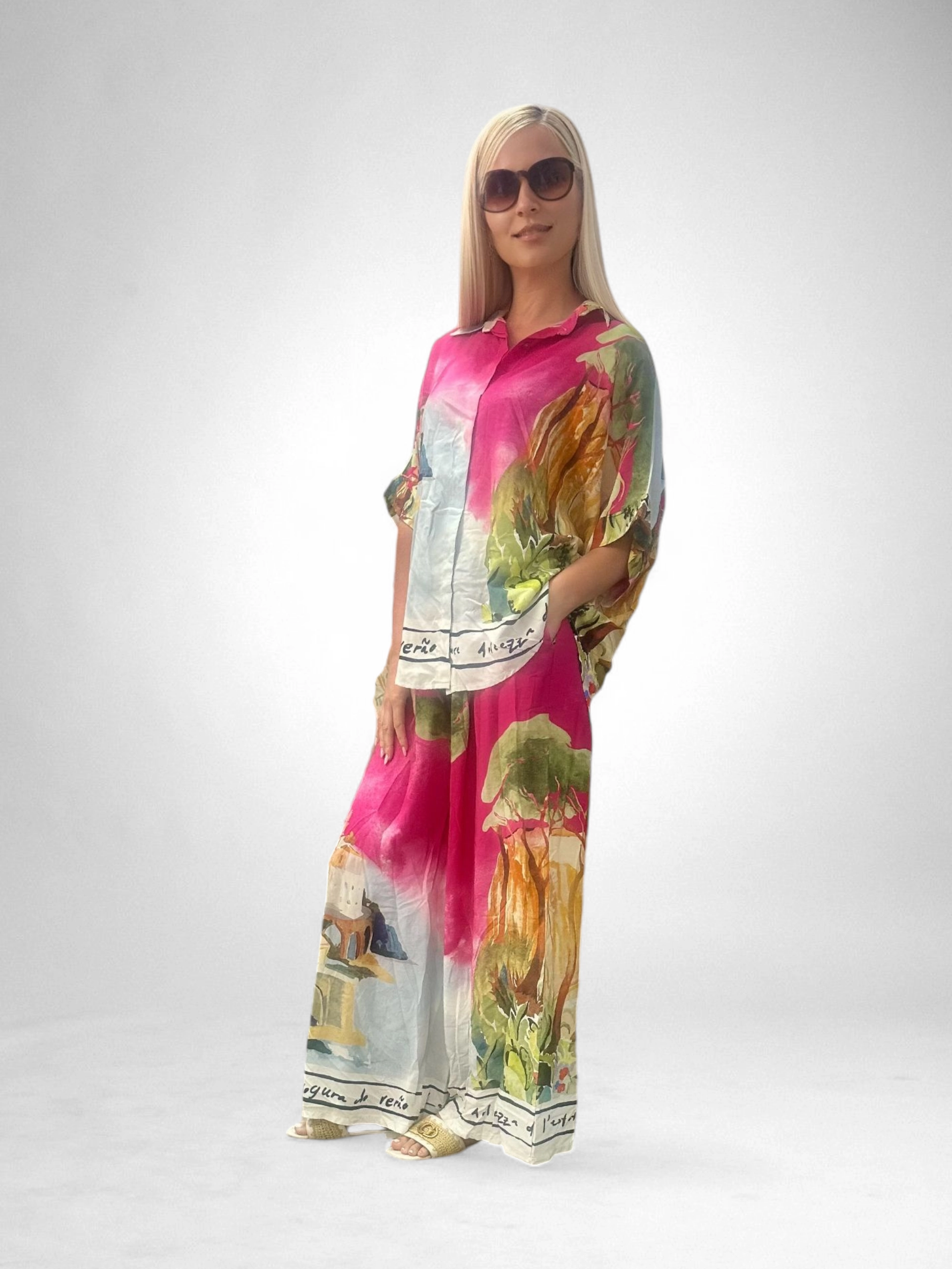Set Vascosa Racoros Vara, Imprimeu Artistic, Camasa Si Pantaloni Largi, Marime Universala [1]