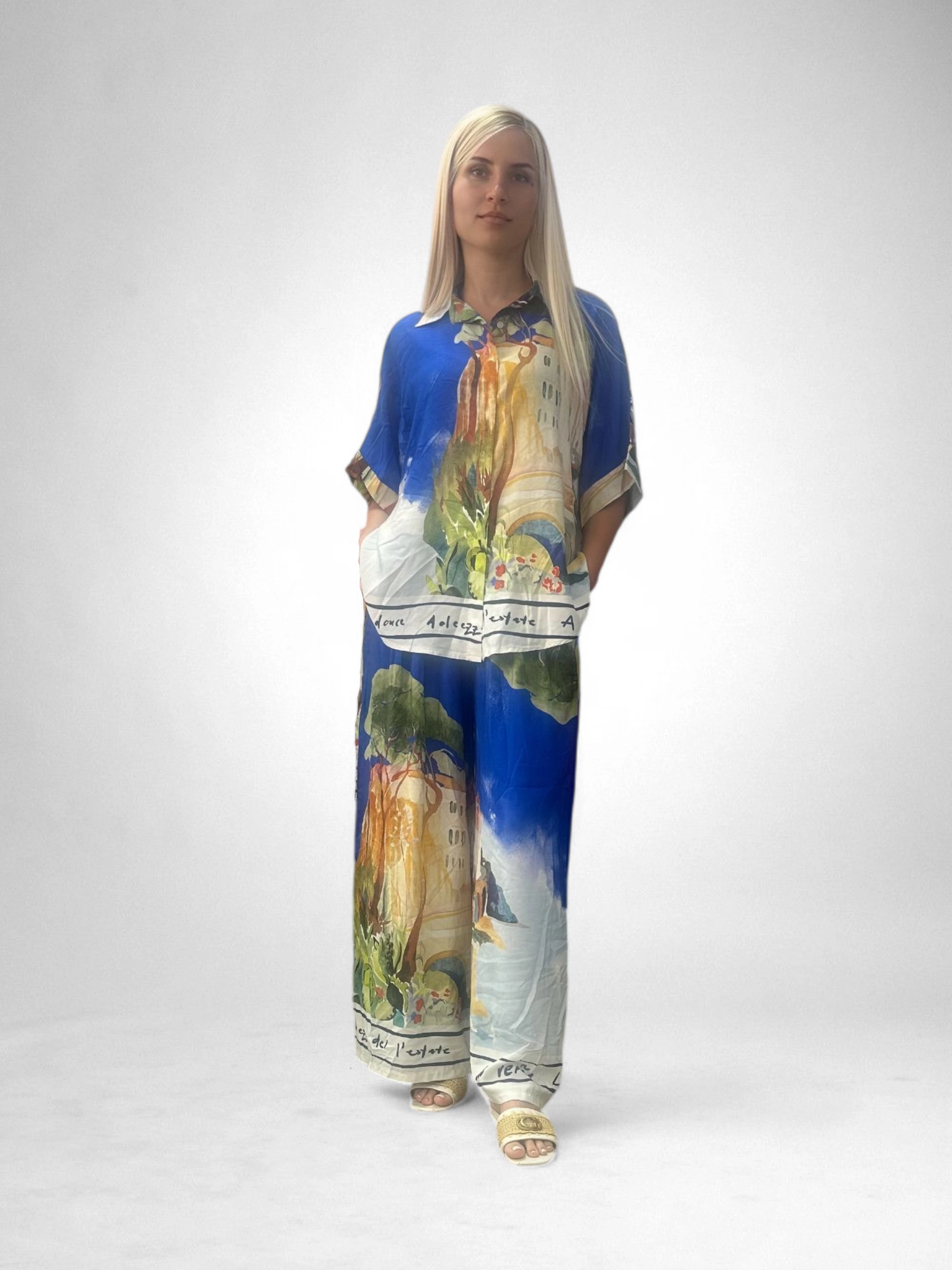 Set Vascosa Racoros Vara, Imprimeu Artistic, Camasa Si Pantaloni Largi, Marime Universala [3]