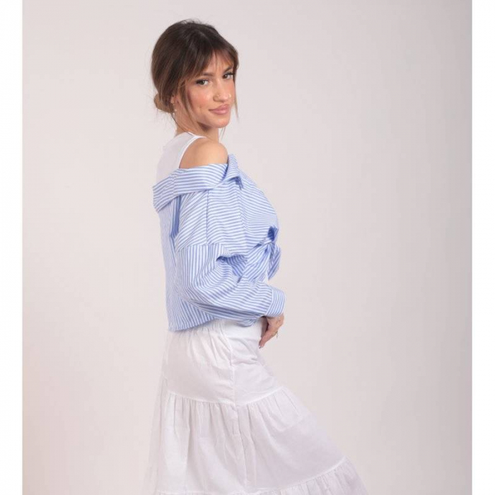 Top casual cu umerii goi si dungi verticale – efect stratificat cu maiou alb si camasa cusuta, marime universala [3]