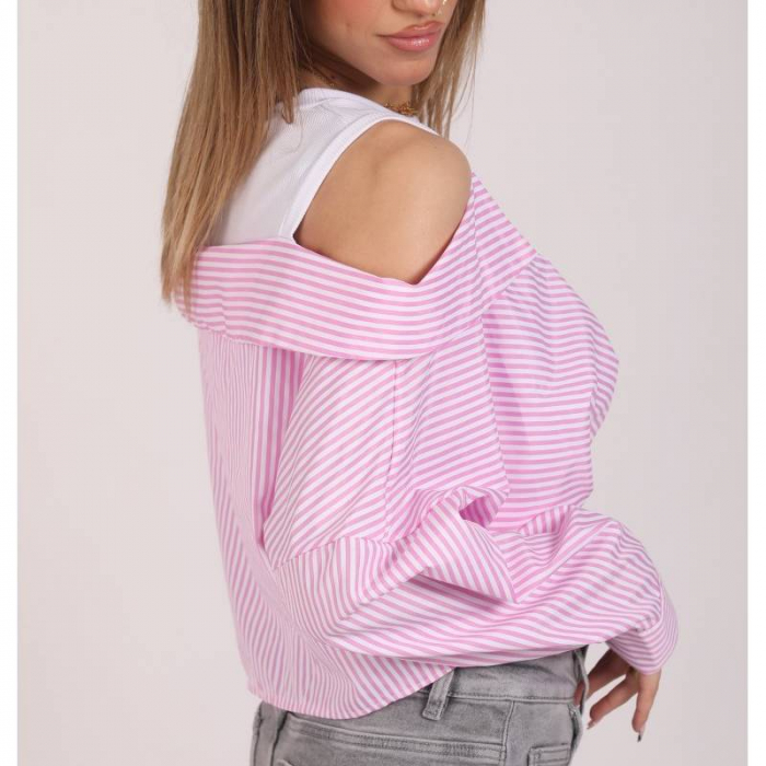 Top casual cu umerii goi si dungi verticale – efect stratificat cu maiou alb si camasa cusuta, marime universala [3]