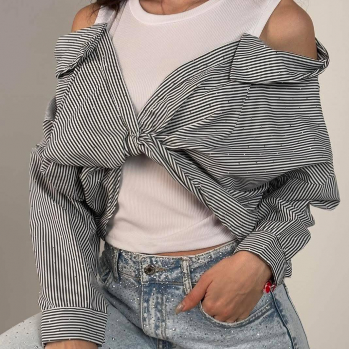 Top casual cu umerii goi si dungi verticale – efect stratificat cu maiou alb si camasa cusuta, marime universala [1]