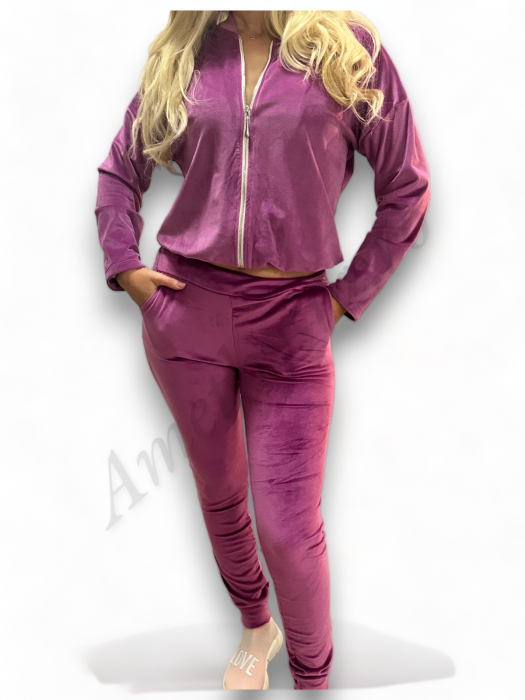Trening Dama de Catifea Kyra - Compleu Bluza cu Fermoar și Pantaloni Fucsia [4]