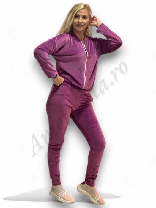 Trening Dama de Catifea Kyra - Compleu Bluza cu Fermoar și Pantaloni Fucsia [2]