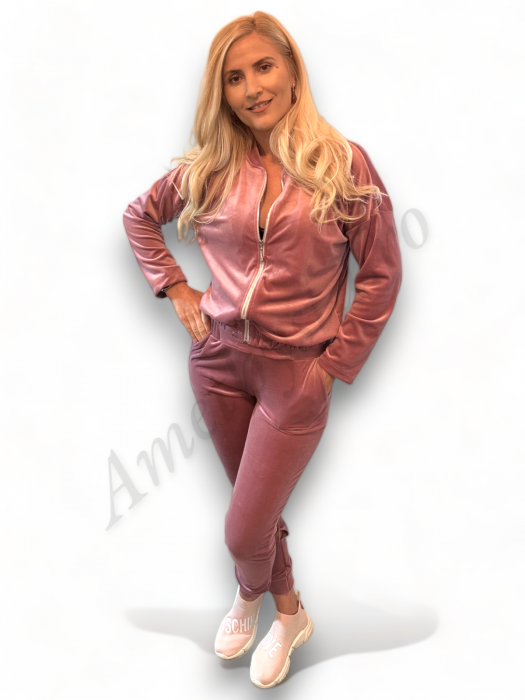 Trening Dama de Catifea Kyra - Compleu Bluza cu Fermoar și Pantaloni Roz [2]