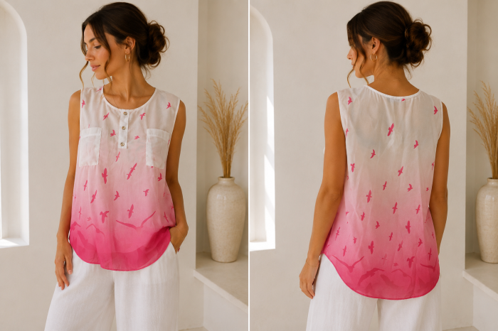 Tricou dama roz degrade cu imprimeu pasari si buzunare aplicate [2]