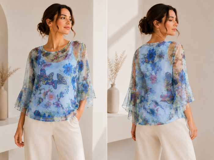 Tricou dama vaporos cu imprimeu floral si pasari, maneci fluide, [2]
