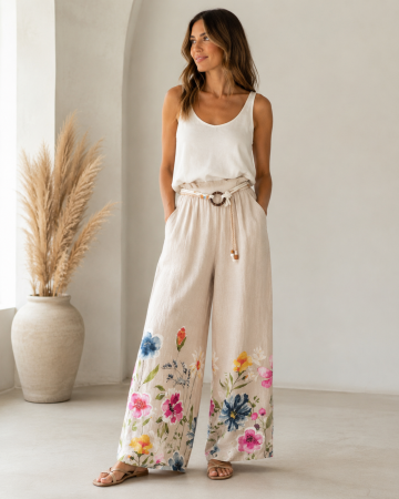 Pantaloni Dama - Pantaloni dama din in 100% cu imprimeu floral si croi lejer