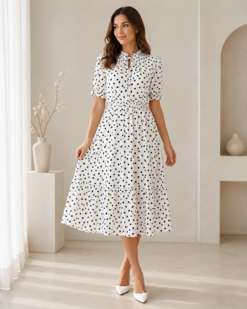Rochii Dama - Rochie midi dama cu buline, din voal cu captuseala, talie elastica