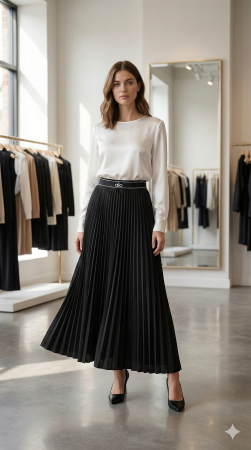 Imbracaminte Dama - Fusta Plisata Midi cu Banda Elastica - Negru Alb Bej Bleumarin