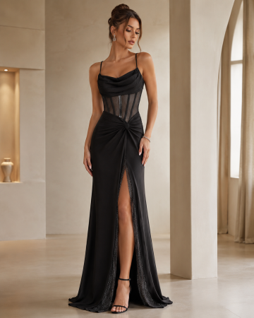 Rochii Dama - Rochie lunga eleganta cu corset transparent, strasuri, drapaj si slit adanc