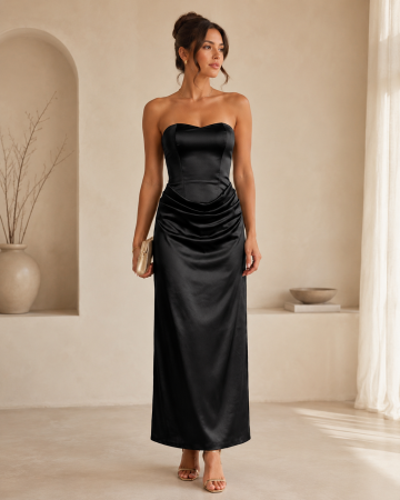 Rochii Dama - Rochie lunga eleganta fara bretele, cu bust tip corset si drapaje laterale