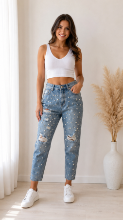Imbracaminte Dama - Blugi dama cu perle aplicate si rupturi decorative, croi boyfriend
