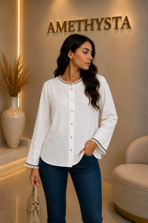 Bluze Dama - Bluza alba eleganta cu nasturi frontali si detalii contrastante