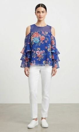 Bluze Dama - Bluza albastru regal cu imprimeu floral si maneci din voal vaporoase