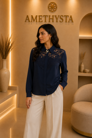Bluze Dama - Bluza bleumarin eleganta cu dantela si brosa la decolteu