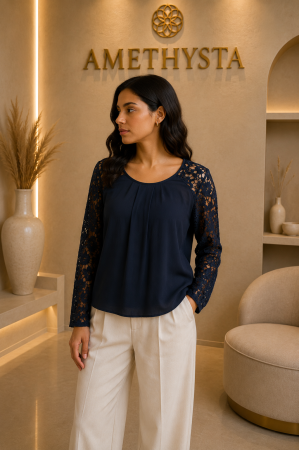 Bluze Dama - Bluza bleumarin eleganta cu maneci lungi din dantela