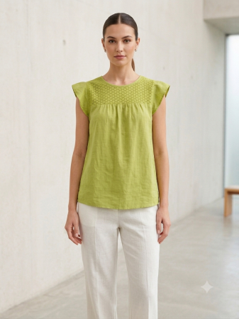 Bluze Dama - Bluza cu broderie verde fistic, croi lejer si maneci cu volane