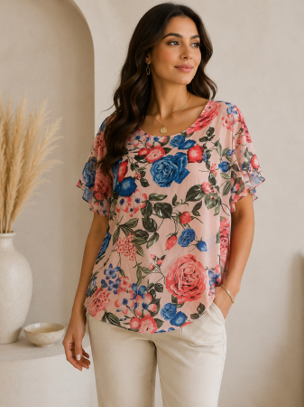 Bluze Dama - Bluza cu flori si maneci scurte vaporoase, croi lejer, imprimeu floral