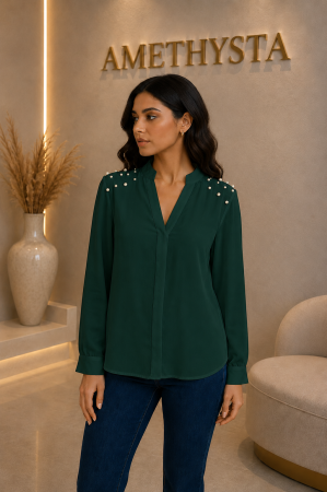 Bluze Dama - Bluza cu perle la umeri si decolteu in V