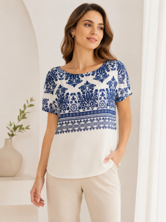 Imbracaminte Dama - Bluza dama alba cu imprimeu floral albastru si maneca scurta