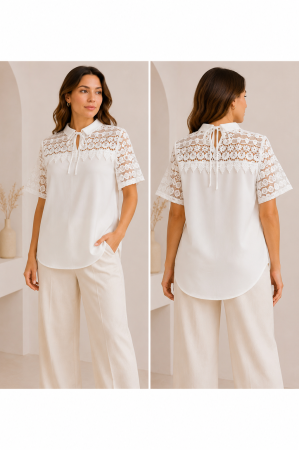Imbracaminte Dama - Bluza dama alba eleganta cu insertii din dantela si snur decorativ la decolteu