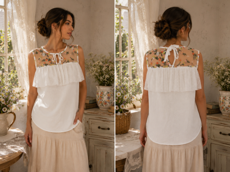 Imbracaminte Dama - Bluza dama alba fara maneci cu volan si insertie din tull brodat floral