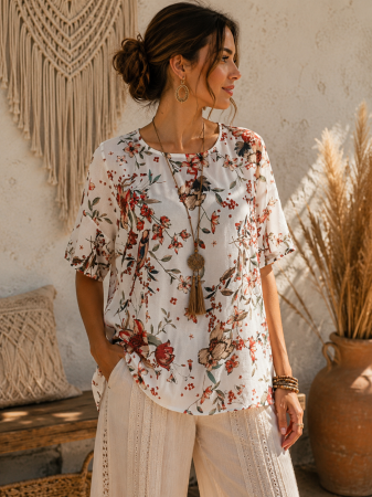 Imbracaminte Dama - Bluza dama Amethysta alba cu imprimeu floral si croi lejer