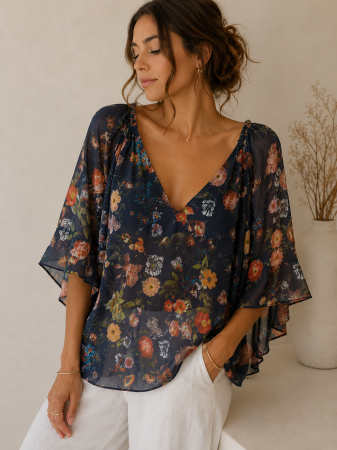 Imbracaminte Dama - Bluza dama bleumarin cu imprimeu floral, decolteu in V si maneci vaporoase